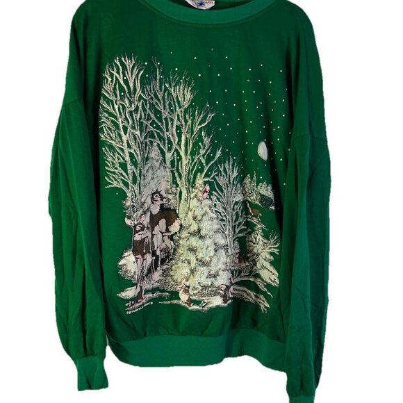 Vintage 80s Streetwear Snowy Trees Deer Nature Crewneck Sweatshirt Christmas - Picture 1 of 9